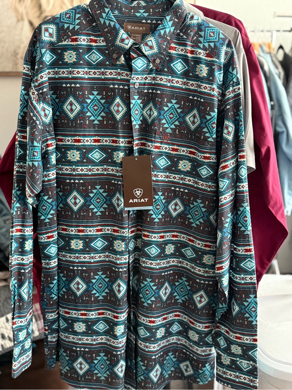 Ariat Teal, Black & Red Aztec Print Button-Up